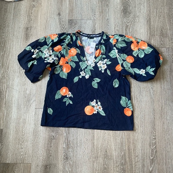 New nwt Ann Taylor Orange linen blend v neck blouse size small navy blue - Picture 1 of 7